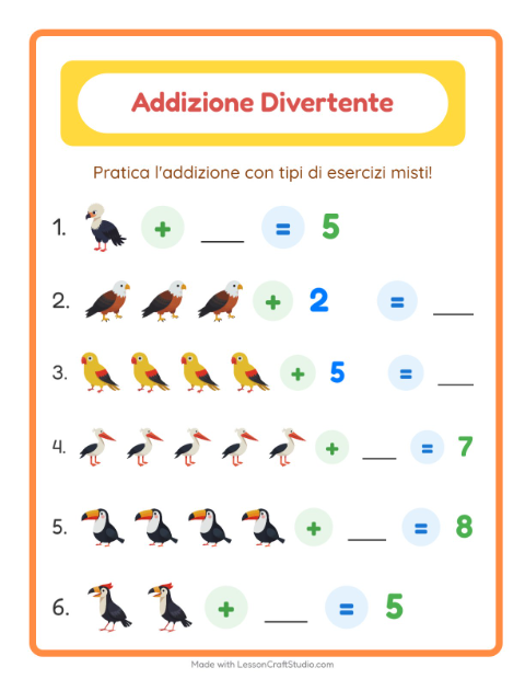Anteprima della scheda di Addizione con Uccelli per Scuola dell'infanzia (5-7 anni)