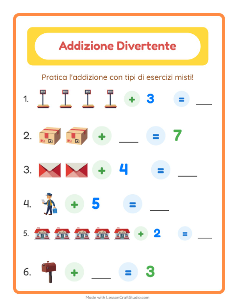 Anteprima della scheda di Addizione con Ufficio postale per Scuola dell'infanzia (5-7 anni)