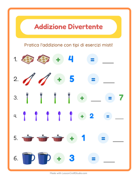 Anteprima della scheda di Addizione con Utensili da cucina per Scuola dell'infanzia (5-7 anni)