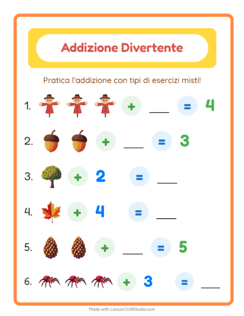 Anteprima della scheda di Addizione con Varie per Scuola dell'infanzia (5-7 anni)