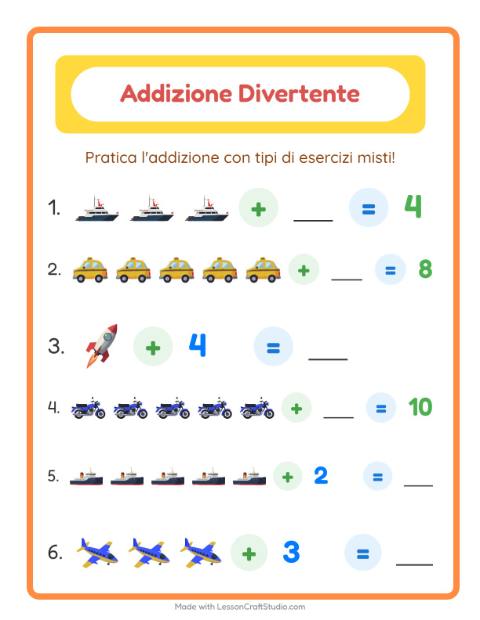 Anteprima della scheda di Addizione con Veicoli per Scuola dell'infanzia (5-7 anni)