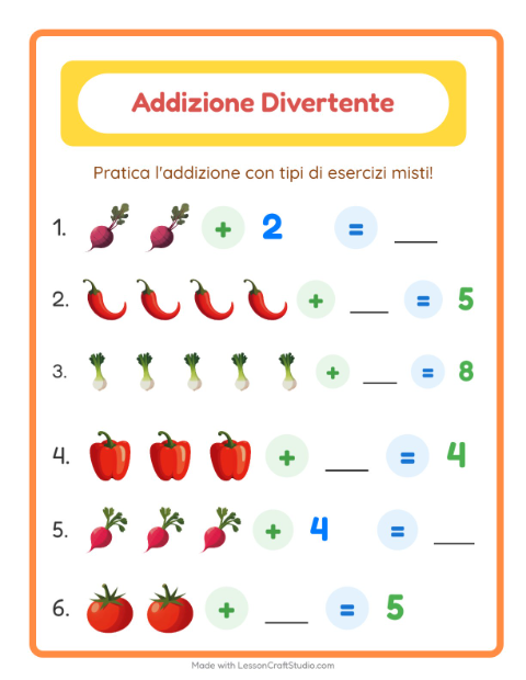 Anteprima della scheda di Addizione con Verdure per Scuola dell'infanzia (5-7 anni)