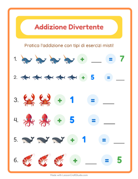Anteprima della scheda di Addizione con Vita oceanica per Scuola dell'infanzia (5-7 anni)