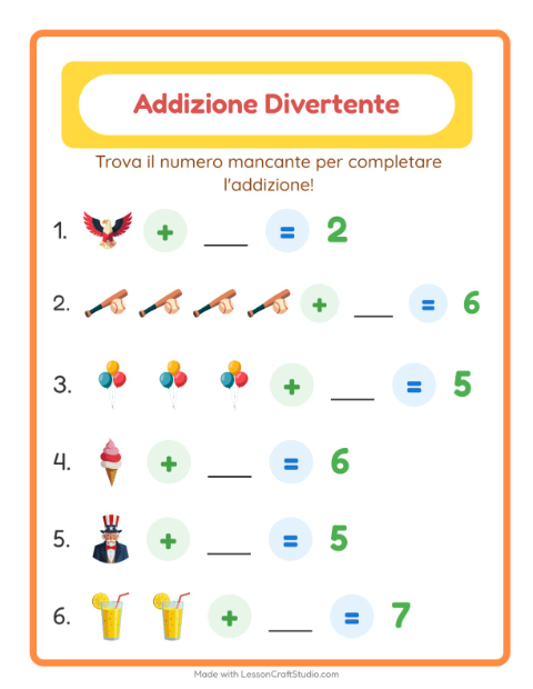 Anteprima della scheda di Addizione con 4 luglio per Scuola dell'infanzia (5-7 anni)