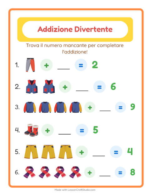 Anteprima della scheda di Addizione con Abbigliamento per Scuola dell'infanzia (5-7 anni)
