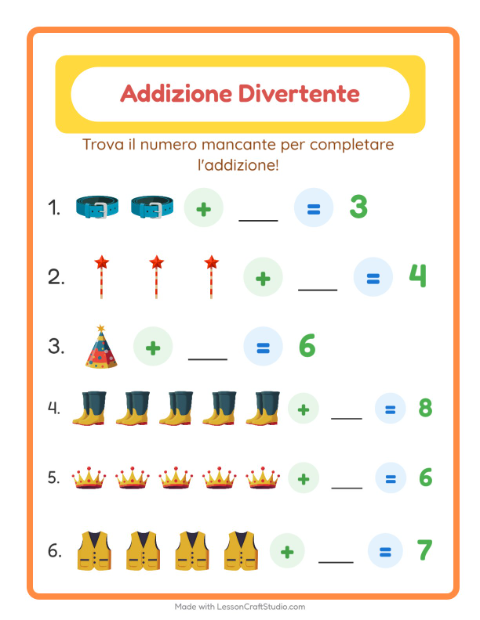 Anteprima della scheda di Addizione con Accessori per Scuola dell'infanzia (5-7 anni)