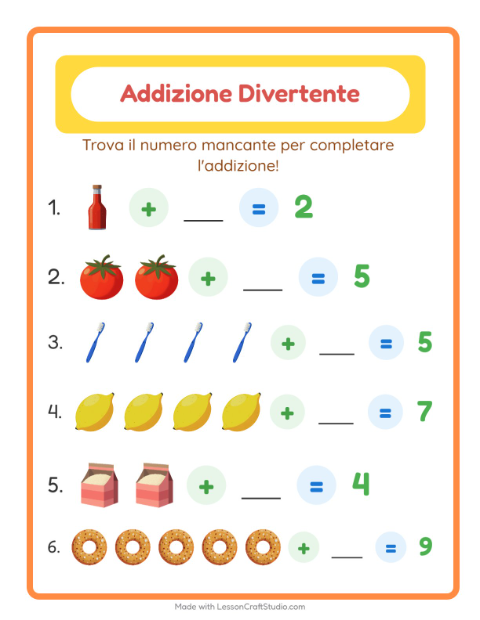 Anteprima della scheda di Addizione con Al supermercato per Scuola dell'infanzia (5-7 anni)