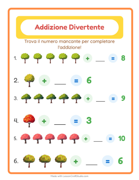 Anteprima della scheda di Addizione con Alberi per Scuola dell'infanzia (5-7 anni)