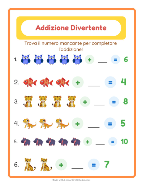Anteprima della scheda di Addizione con Animali per Scuola dell'infanzia (5-7 anni)