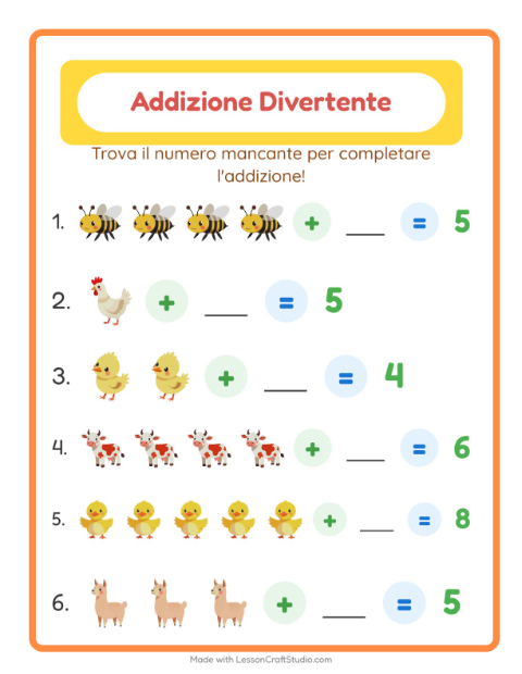 Anteprima della scheda di Addizione con Animali della fattoria per Scuola dell'infanzia (5-7 anni)