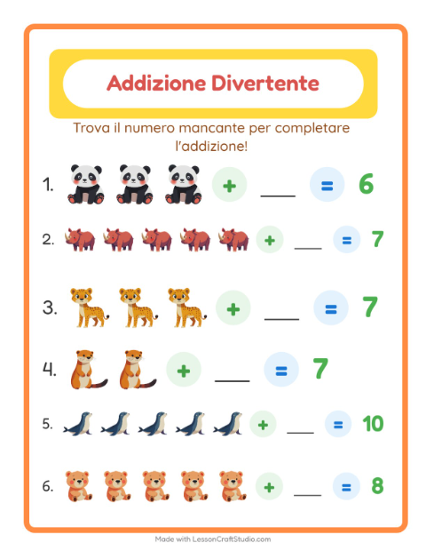 Anteprima della scheda di Addizione con Animali dello zoo per Scuola dell'infanzia (5-7 anni)