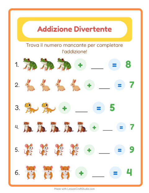 Anteprima della scheda di Addizione con Animali domestici per Scuola dell'infanzia (5-7 anni)