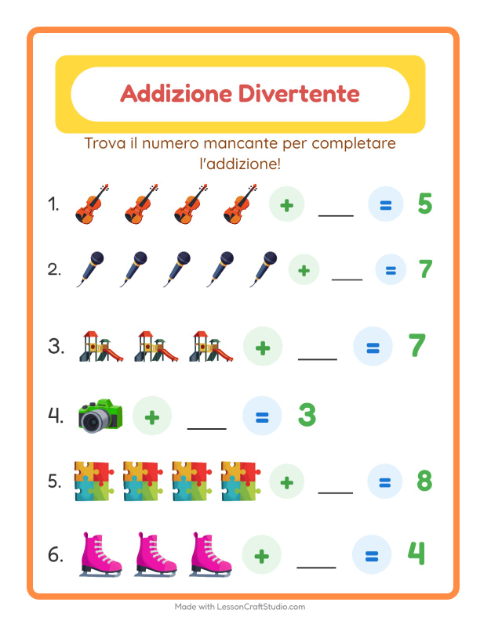 Anteprima della scheda di Addizione con Attività per Scuola dell'infanzia (5-7 anni)