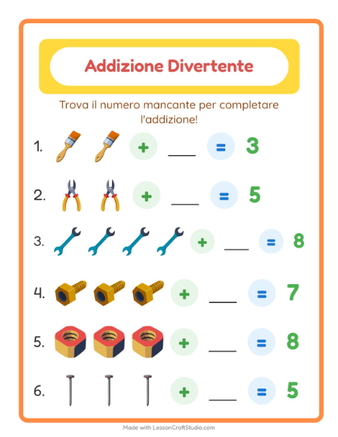 Anteprima della scheda di Addizione con Attrezzi per Scuola dell'infanzia (5-7 anni)