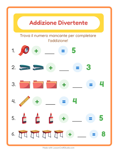 Anteprima della scheda di Addizione con Aula per Scuola dell'infanzia (5-7 anni)