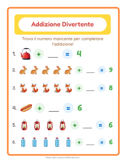 Anteprima della scheda di Addizione con Campeggio per Scuola dell'infanzia (5-7 anni)