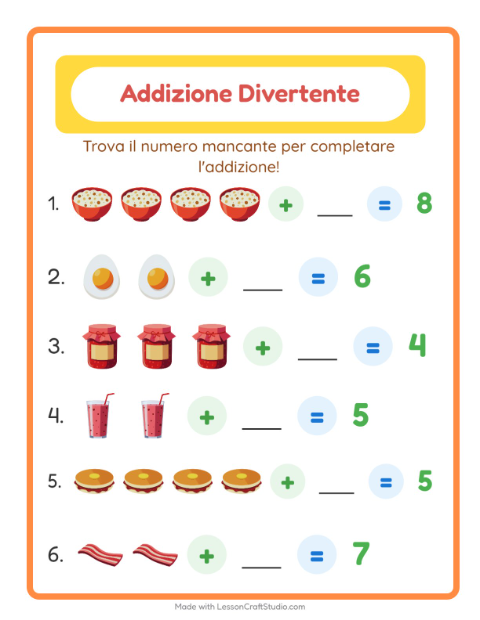 Anteprima della scheda di Addizione con Colazione per Scuola dell'infanzia (5-7 anni)