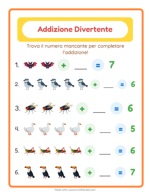 Anteprima della scheda di Addizione con Cose che volano per Scuola dell'infanzia (5-7 anni)