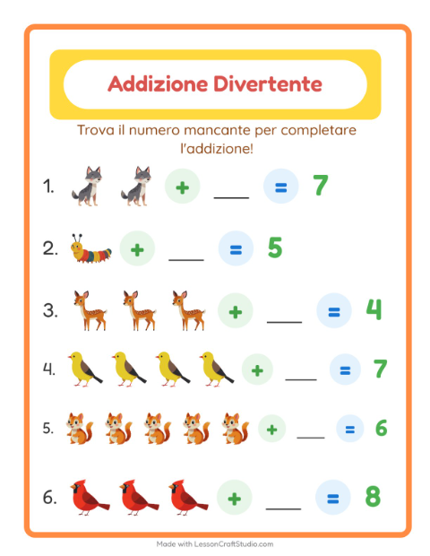 Anteprima della scheda di Addizione con Creature della foresta per Scuola dell'infanzia (5-7 anni)
