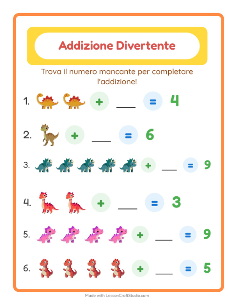 Anteprima della scheda di Addizione con Dinosauri per Scuola dell'infanzia (5-7 anni)
