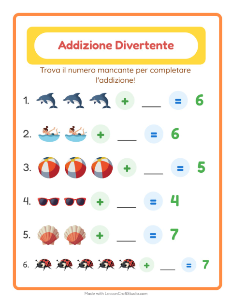 Anteprima della scheda di Addizione con Estate per Scuola dell'infanzia (5-7 anni)