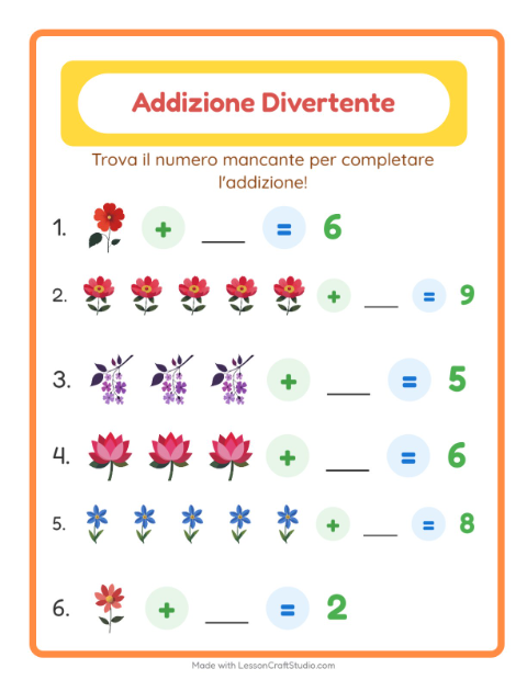 Anteprima della scheda di Addizione con Fiori per Scuola dell'infanzia (5-7 anni)