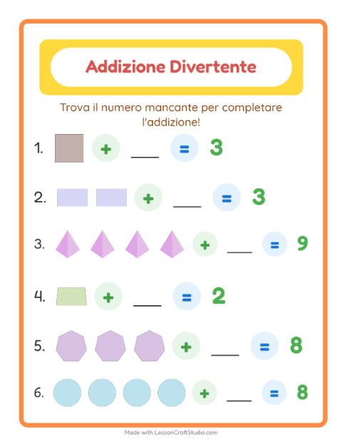 Anteprima della scheda di Addizione con Forme per Scuola dell'infanzia (5-7 anni)