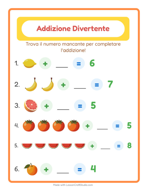 Anteprima della scheda di Addizione con Frutta per Scuola dell'infanzia (5-7 anni)