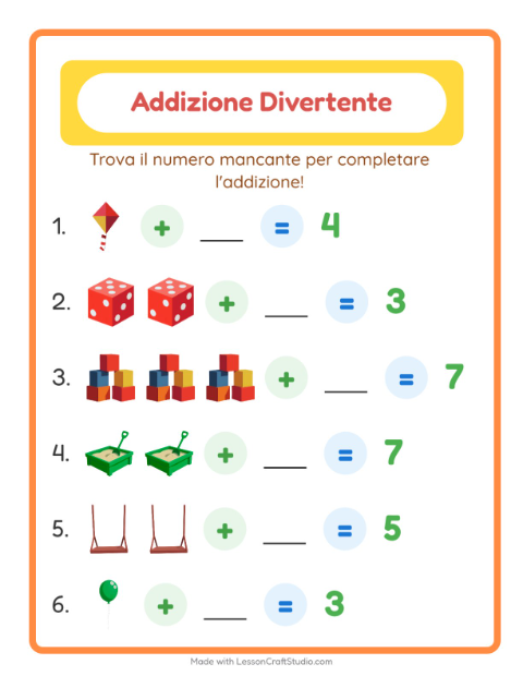 Anteprima della scheda di Addizione con Giocattoli per Scuola dell'infanzia (5-7 anni)