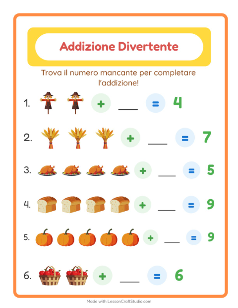 Anteprima della scheda di Addizione con Giorno del Ringraziamento per Scuola dell'infanzia (5-7 anni)