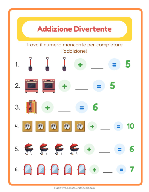 Anteprima della scheda di Addizione con In giro per casa per Scuola dell'infanzia (5-7 anni)