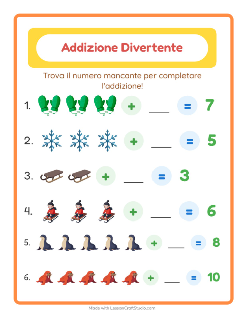 Anteprima della scheda di Addizione con Inverno per Scuola dell'infanzia (5-7 anni)