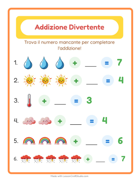 Anteprima della scheda di Addizione con Meteo per Scuola dell'infanzia (5-7 anni)