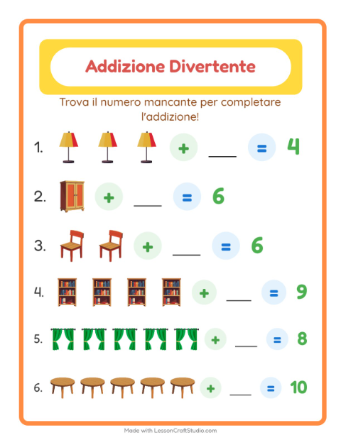 Anteprima della scheda di Addizione con Mobili per Scuola dell'infanzia (5-7 anni)
