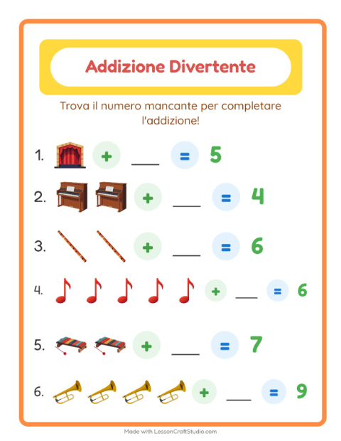 Anteprima della scheda di Addizione con Musica per Scuola dell'infanzia (5-7 anni)