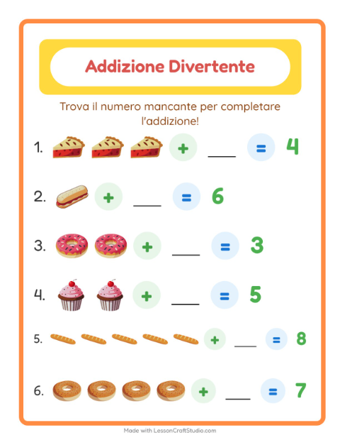 Anteprima della scheda di Addizione con Panetteria per Scuola dell'infanzia (5-7 anni)