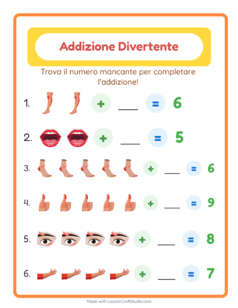 Anteprima della scheda di Addizione con Parti del corpo per Scuola dell'infanzia (5-7 anni)