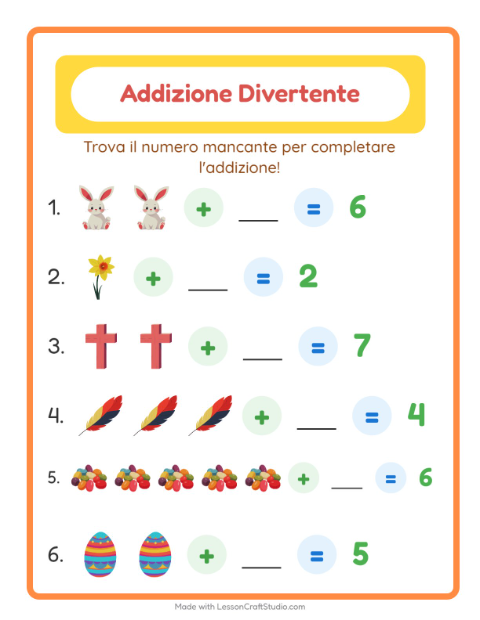 Anteprima della scheda di Addizione con Pasqua per Scuola dell'infanzia (5-7 anni)