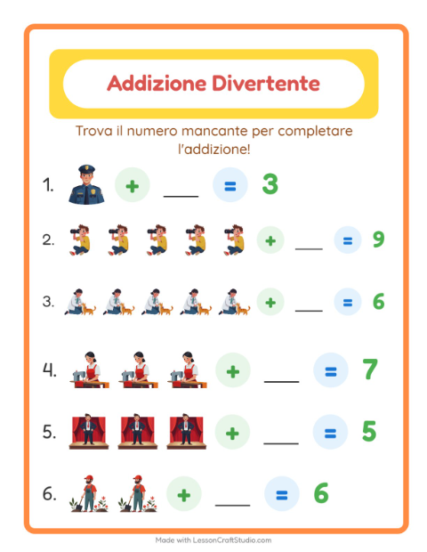 Anteprima della scheda di Addizione con Professioni per Scuola dell'infanzia (5-7 anni)
