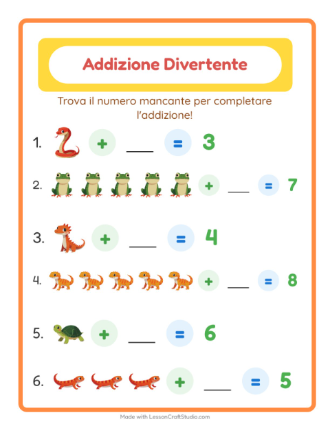 Anteprima della scheda di Addizione con Rettili e anfibi per Scuola dell'infanzia (5-7 anni)