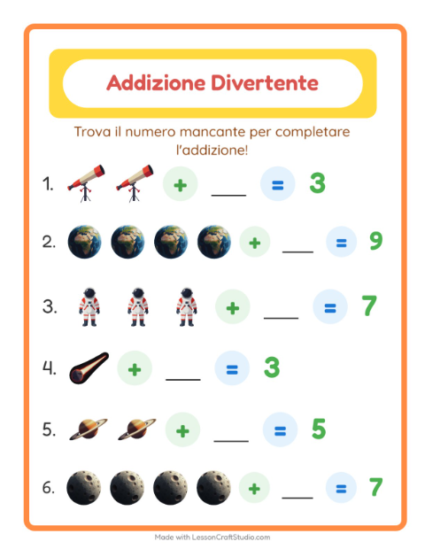 Anteprima della scheda di Addizione con Spazio per Scuola dell'infanzia (5-7 anni)
