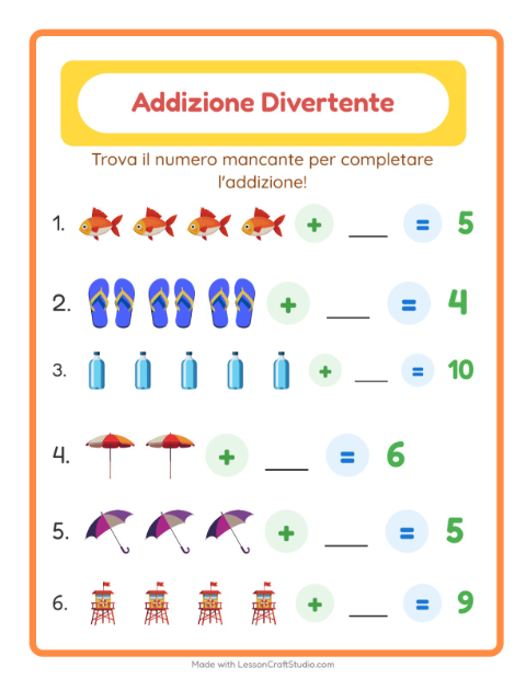 Anteprima della scheda di Addizione con Spiaggia per Scuola dell'infanzia (5-7 anni)