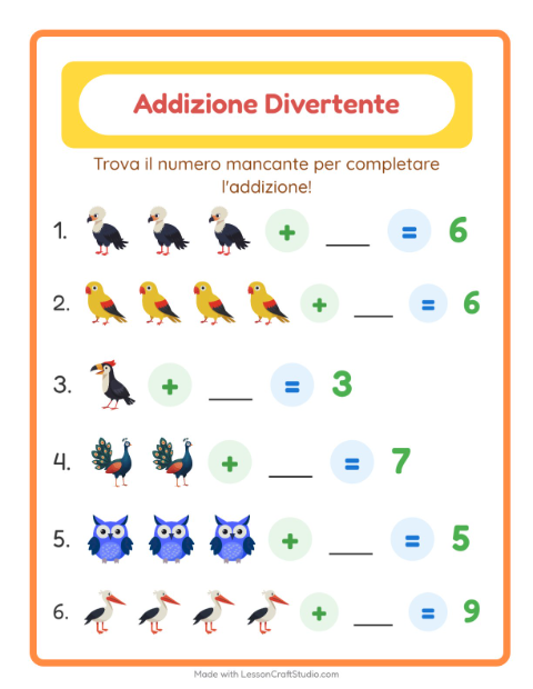Anteprima della scheda di Addizione con Uccelli per Scuola dell'infanzia (5-7 anni)