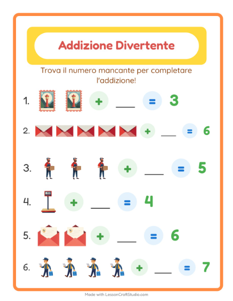 Anteprima della scheda di Addizione con Ufficio postale per Scuola dell'infanzia (5-7 anni)
