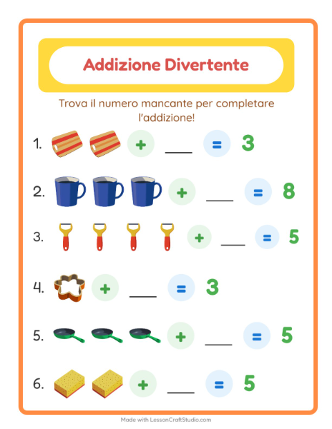 Anteprima della scheda di Addizione con Utensili da cucina per Scuola dell'infanzia (5-7 anni)