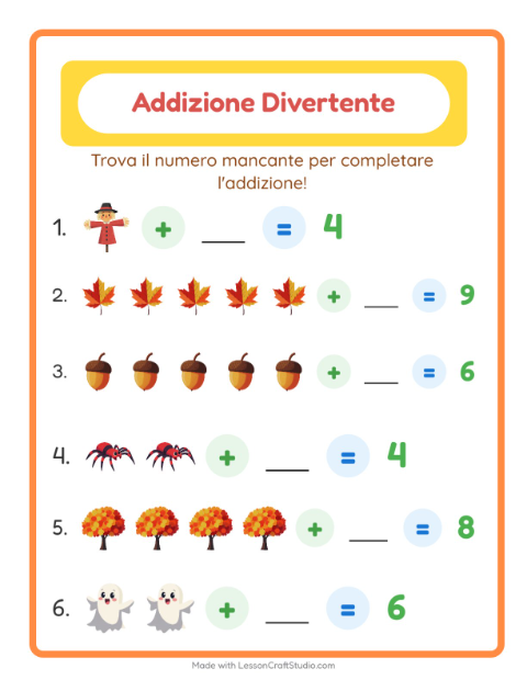 Anteprima della scheda di Addizione con Varie per Scuola dell'infanzia (5-7 anni)
