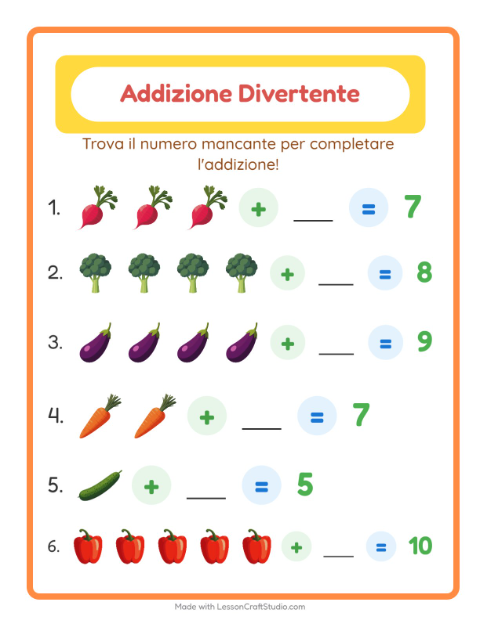 Anteprima della scheda di Addizione con Verdure per Scuola dell'infanzia (5-7 anni)