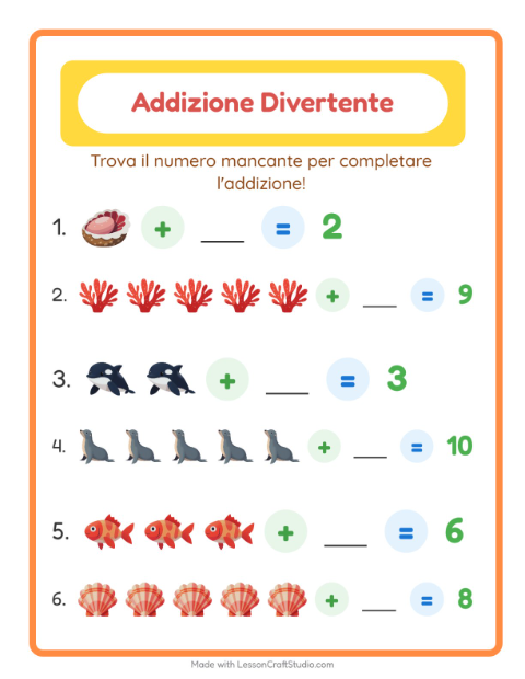 Anteprima della scheda di Addizione con Vita oceanica per Scuola dell'infanzia (5-7 anni)