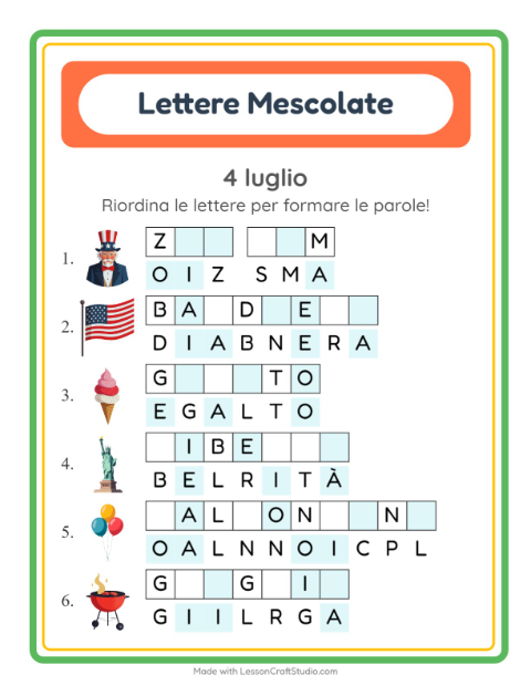 Anteprima della scheda di Anagrammi con 4 luglio per Scuola primaria classe prima