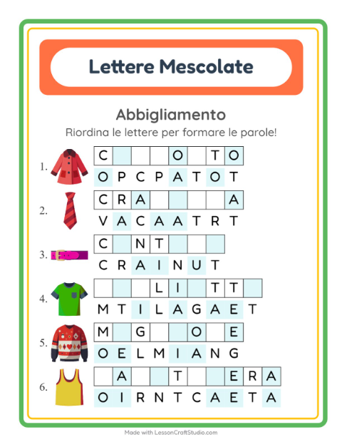 Anteprima della scheda di Anagrammi con Abbigliamento per Scuola primaria classe prima